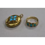 A late Victorian yellow metal, turquoise and diamond set oval locket and an 18ct gold and