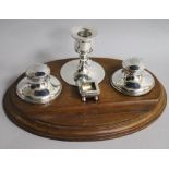 A George V silver desk set on a mahogany stand, 25cm.