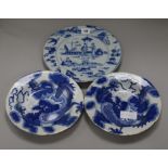 A Dutch Delft plate and two blue and white English dishes plate diameter 27cm