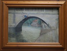 English School, oil on canvas, child falling from a bridge, indistinctly signed, 28 x 41cm