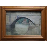 English School, oil on canvas, child falling from a bridge, indistinctly signed, 28 x 41cm