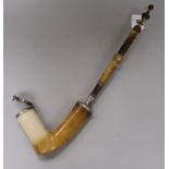 A Victorian white metal mounted horn and meerschaum pipe, engraved with a crest probably for the