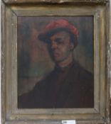 Grunspan, oil on panel, man in a red cap, bear Zwemmer Gallery label verso, 52 x 43cm
