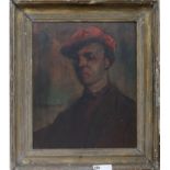 Grunspan, oil on panel, man in a red cap, bear Zwemmer Gallery label verso, 52 x 43cm