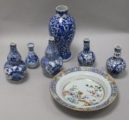 Two pairs of blue and white Chinese vases, two others and a dish tallest 23cm