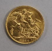 A Edward VII 1910 gold full sovereign.