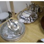 Assorted plated wares including an hors d'oeuvres dish, entree dish and cover, two coffee pots, five