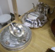 Assorted plated wares including an hors d'oeuvres dish, entree dish and cover, two coffee pots, five