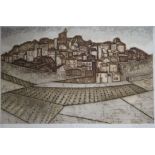 Valerie Thornton, coloured aquatint, Hill village, Navarre, signed and dated '77, 11/150, 30 x 47cm,