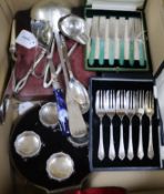 A cased set of four embossed silver bun salts and spoons, sundry plated flatware, etc., including