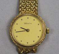 A lady's 9ct gold Zenith manual wind wrist watch, on a 9ct gold bracelet, bracelet broken.