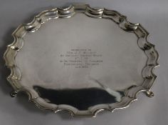 An Edwardian silver salver with later inscription, London, 1909, 31cm, 26 oz.