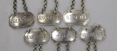 Six Victorian silver sauce/decanter labels by Rawlings & Summers; Soy & Harvey - 1842Kummel -