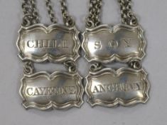 A set of 4 Victorian silver sauce labels; Anchovy, Cayenne, Chili & Soy Rawlings & Summers, London