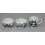 Two 1760's Worcester transfer-printed tea bowls and a cup
