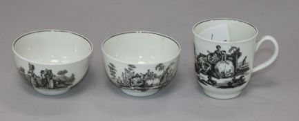 Two 1760's Worcester transfer-printed tea bowls and a cup