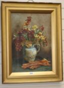 Eleanor Winter (early 20th century), watercolour, 'Wallflowers', still life with a pair of gloves