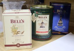 Three Bells Whisky decanters, all boxed and unopened