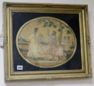 A Regency oval embroidered and stumpwork silk picture depicting Jesus and the Samaritan woman, in