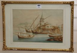 19th century Continental School, watercolour, Feluccas in harbour, 27 x 41cm