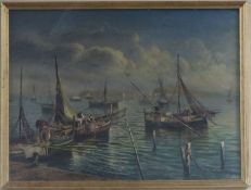 Mario Rosoio Allysetti, oil on board, Neapolitan fishing boats, signed, 29 x 39cm
