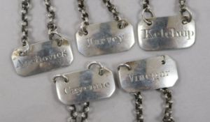 Three George III Scottish silver sauce labels by William Constable of Dundee; Anchovies, Cayenne &