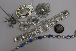 Mixed bijouterie including silver and enamel brooch, silver and gem set necklace and two paste set
