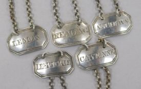 A harlequin set of 5 George III silver sauce labels by Rawlings & Summers LEn.PICKLE - 1849Anchovy -