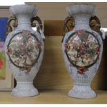 A pair of modern Satsuma large two-handled vases, polychrome-decorated with figures and flowers in