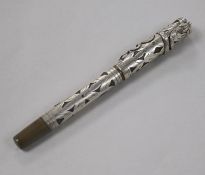 A Waterman's sterling silver overlaid fountain pen with later? serpent to the lid, stamped '
