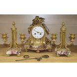 A French ormolu and marble clock garniture