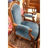 A late Victorian mahogany and turquoise dralon upholstered armchair