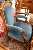 A late Victorian mahogany and turquoise dralon upholstered armchair