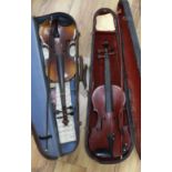 A full size violin, label Celebre Vosjen with case and a ¾ size violin bearing Strad label, case and