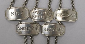 A set of 5 George III Scottish silver sauce labels; Ketchup, Soy, Oyster Ketchup, Anchovie &