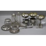 A small collection of silver, silver-mounted and plated items, including toilet jars, pepper, butter