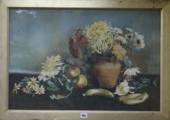 Eleanor Winter (early 20th century), watercolour, still life with fruit and chrysanthemums in a