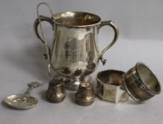 A silver two handled presentation cup and other minor items etc.