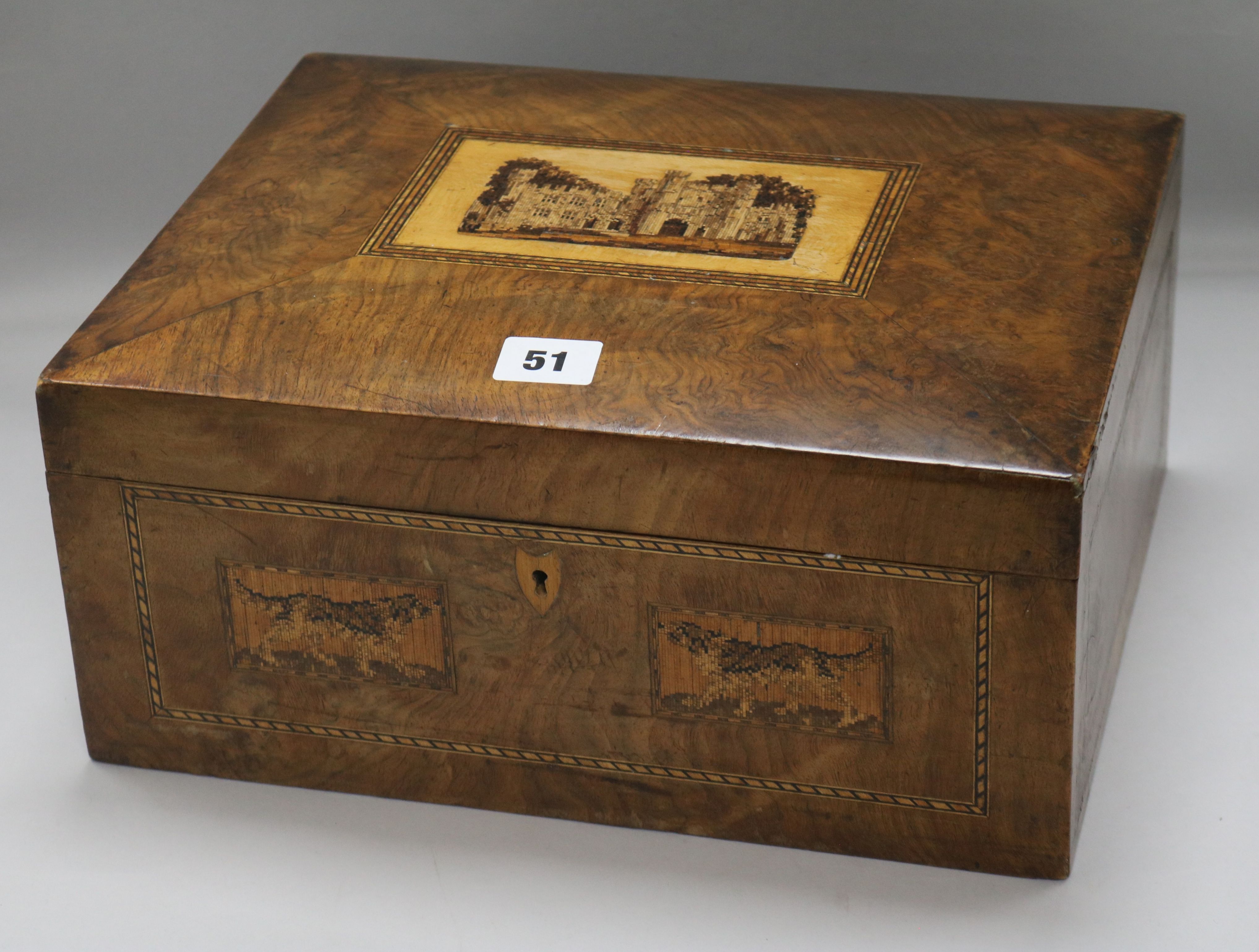 A Tunbridge Ware walnut work box with Eridge Castle top and fitted interior, width 33cm height