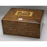 A Tunbridge Ware walnut work box with Eridge Castle top and fitted interior, width 33cm height