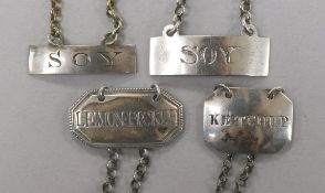 Four George III and later silver sauce labels; Ketchup, Joseph Willmore, Brim 1822Soy - W & P.