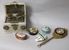 A Victorian mosaic and alabaster two-bottle scent casket, three small porcelain boxes, a Russian