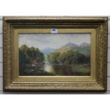 19th century English School, oil on canvas, angler beside a river, indistinctly signed, 30 x 50cm