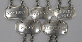 Five George III and later octagonal silver sauce labels; Hervey Sauce - William Knight, London