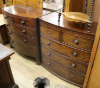 Two Regency mahogany five drawer bowfront chests W.106cm and 102cm