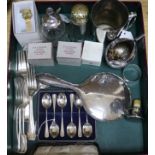 A set of six silver teaspoons, a silver-mounted atomiser, napkin rings, sundry plate etc.