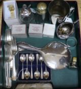 A set of six silver teaspoons, a silver-mounted atomiser, napkin rings, sundry plate etc.