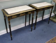 A pair of black and gilt chinoiserie lacquered marble topped console tables W: 77cm