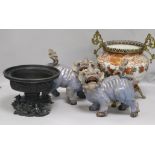 A group of Oriental items, including a pair of Chinese pottery blue-glazed lion dogs, a Kutani