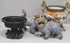 A group of Oriental items, including a pair of Chinese pottery blue-glazed lion dogs, a Kutani